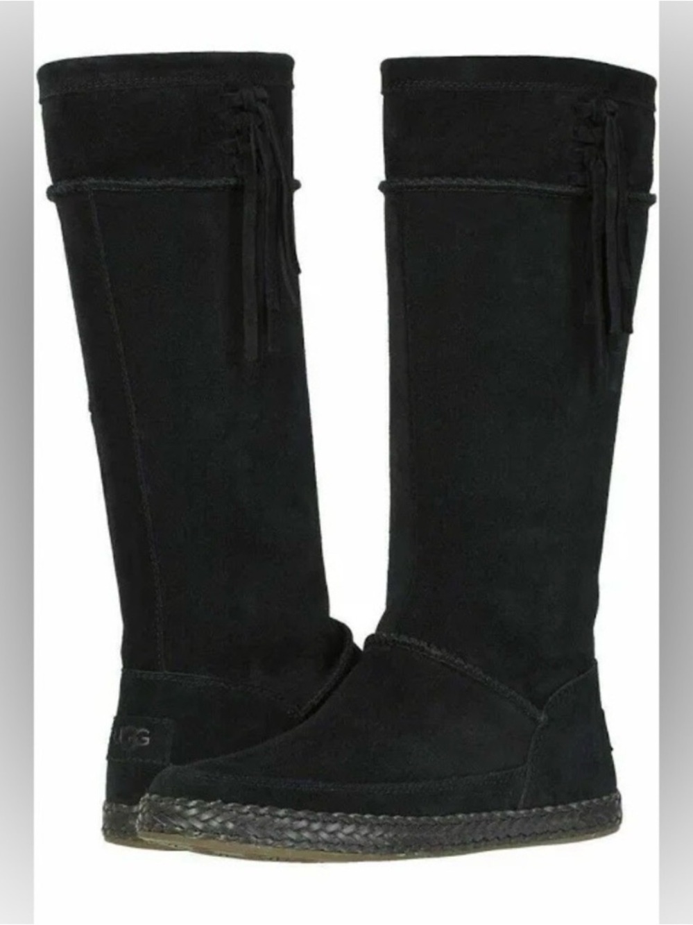 UGG Black Suede  Fringe Boots with Woven Sole Trim